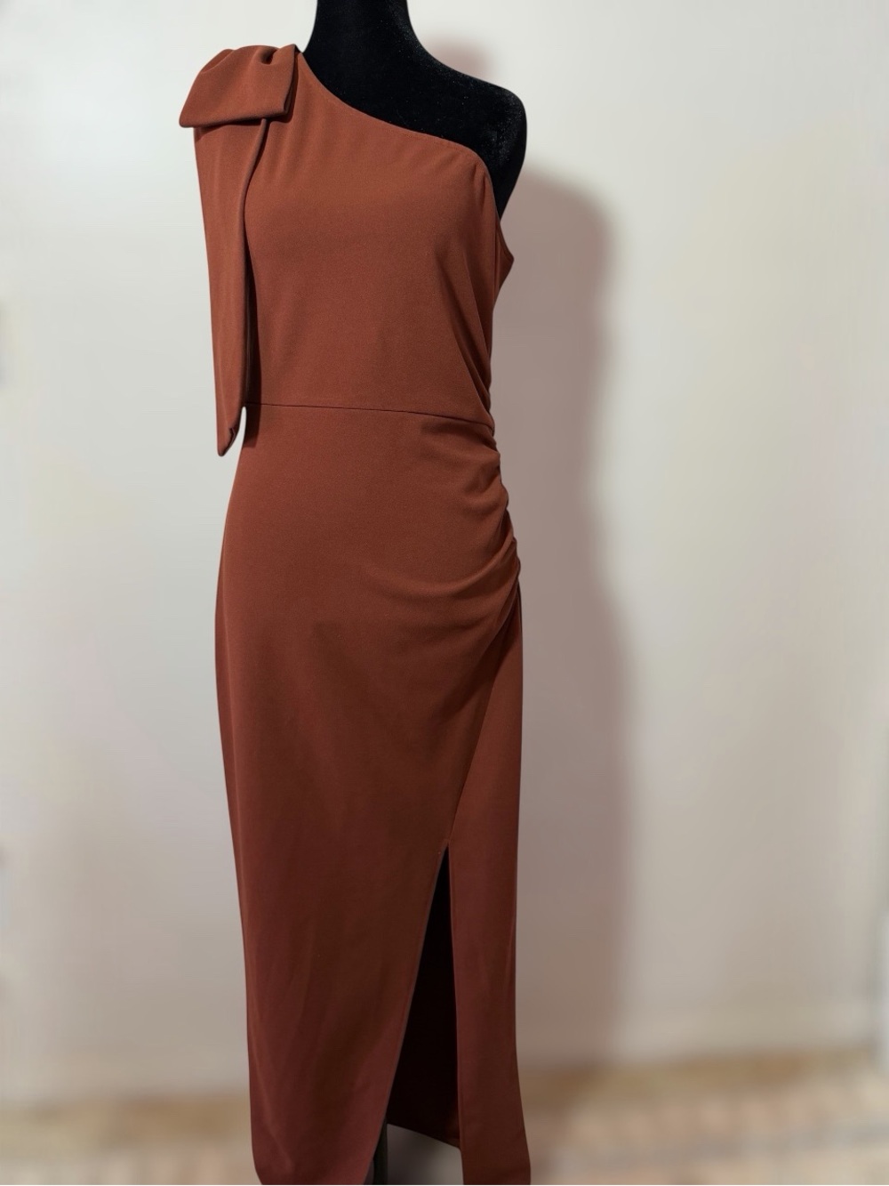 PrettyGarden Womens Small One Shoulder Bow Midi Dress Brown Ruched Cocktail